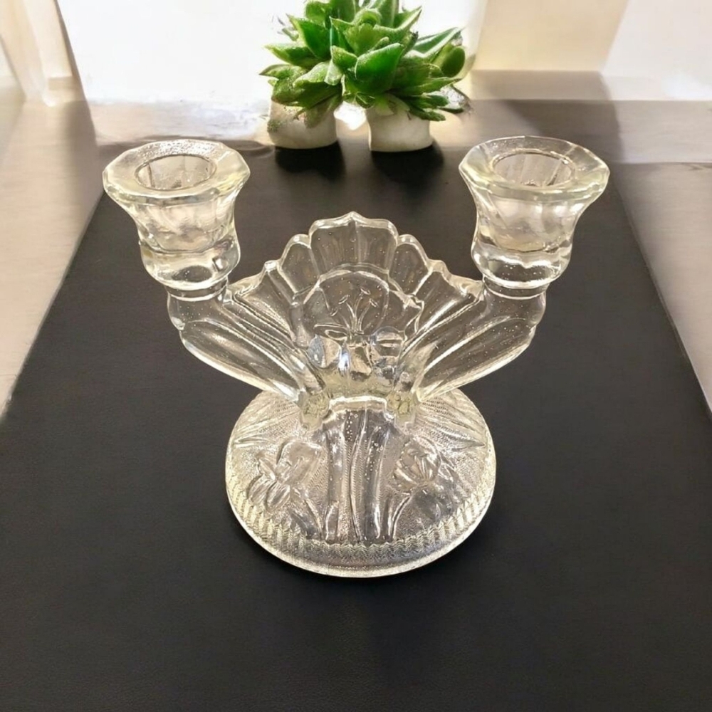ESTATE Depression Glass Jeanette Glass - Iris & Herringbone Candle Holder